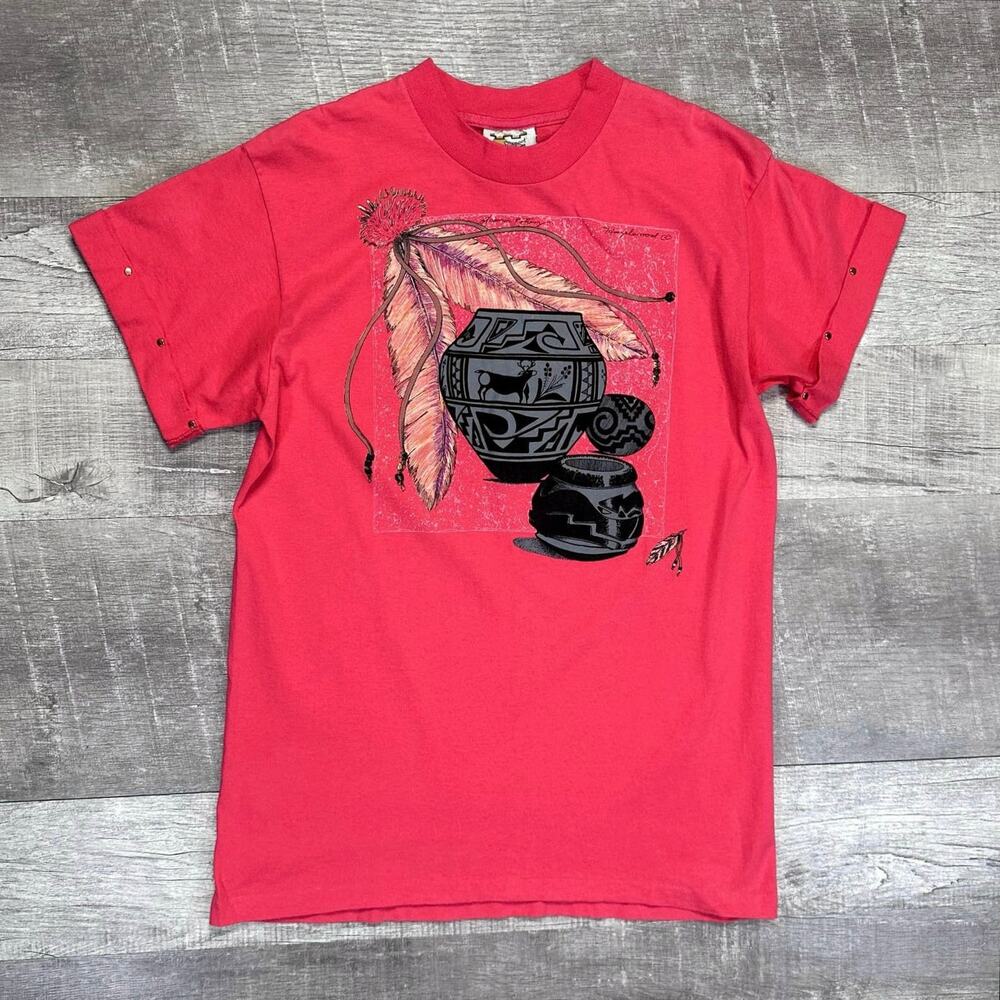 Vintage 90s Southwest Pottery Art Shirt Womens L Coral Cuffed Rivets USA Made